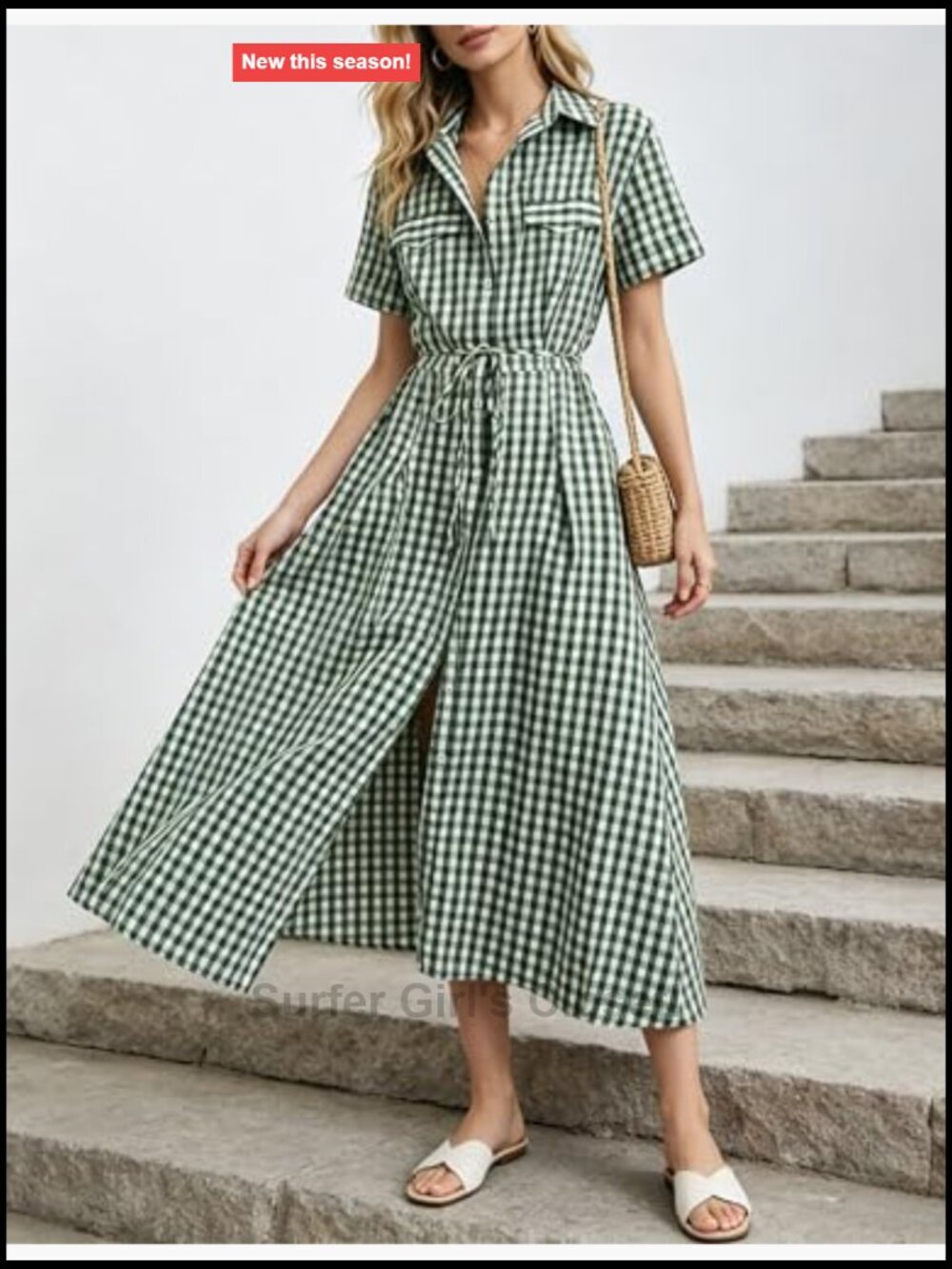 Women's Cotton Gingham Midi Shirt Dress Short Sleeve Button Down with Pockets - Picture 2 of 7